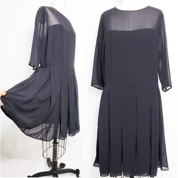 Jaime BB Dakota Womens Black Chiffon Pleated Fit Flare Dress 3/4 Sleeves 20 NWT